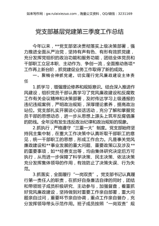 2024年党支部基层党建第三季度工作总结