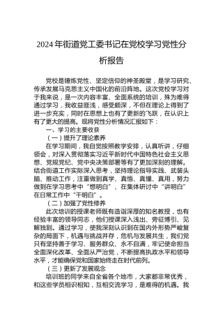 2024年街道党工委书记在党校学习党性分析报告