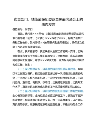 市直部门、镇街道在纪委巡查见面沟通会上的表态发言