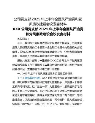 公司党支部2025年上半年全面从严治党和党风廉政建设会议发言材料