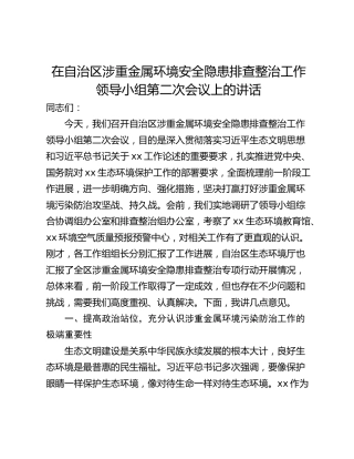 在自治区涉重金属环境安全隐患排查整治工作领导小组第二次会议上的讲话