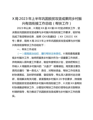 X局2023年上半年巩固脱贫攻坚成果同乡村振兴有效衔接工作总结（帮扶工作）