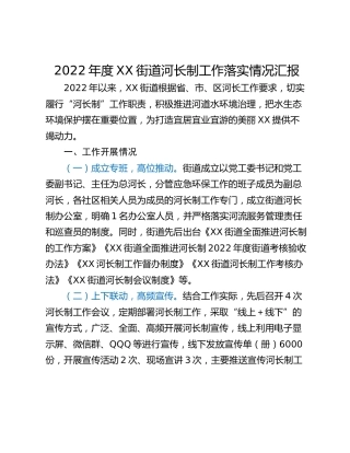 2022年度XX街道河长制工作落实情况汇报