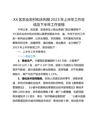 XX区农业农村和水利局2023年上半年工作总结及下半年工作安排