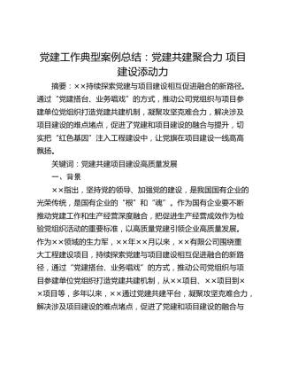 党建工作典型案例总结：党建共建聚合力 项目建设添动力