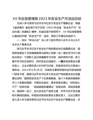 XX市应急管理局2023年安全生产月活动总结