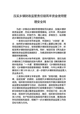 压实乡镇财政监管责任链筑牢资金使用管理安全网