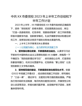 中共XX市委党校2023年上半年工作总结和下半年工作计划