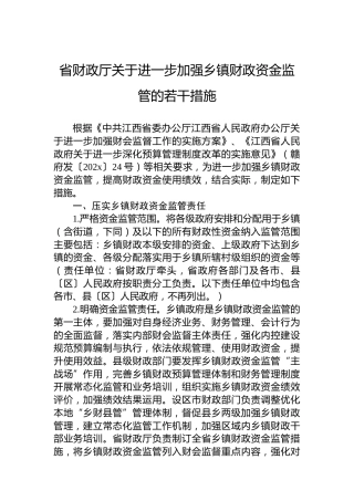 省财政厅关于进一步加强乡镇财政资金监管的若干措施