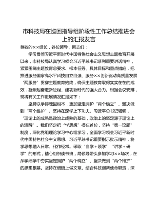 市科技局在巡回指导组阶段性工作总结推进会上的汇报发言