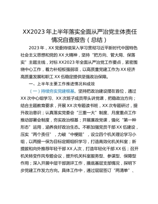 XX2023年上半年落实全面从严治党主体责任情况自查报告（总结）