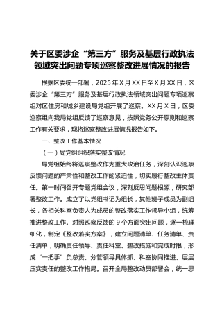 关于区委涉企“第三方”服务及基层行政执法领域突出问题专项巡察整改进展情况的报告