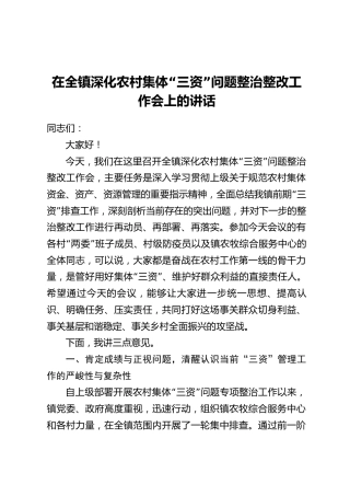 在全镇深化农村集体“三资”问题整治整改工作会上的讲话