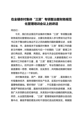 在全镇农村集体“三资”专项整治暨财务规范化管理培训会议上的讲话