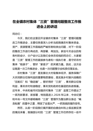在全镇农村集体“三资”管理问题整改工作推进会上的讲话