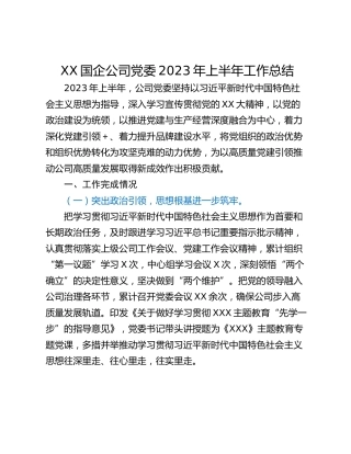 XX国企公司党委2023年上半年工作总结