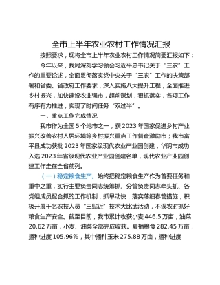 全市上半年农业农村工作情况汇报