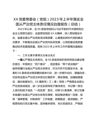 XX党委常委会（党组）2023年上半年落实全面从严治党主体责任情况自查报告（总结）
