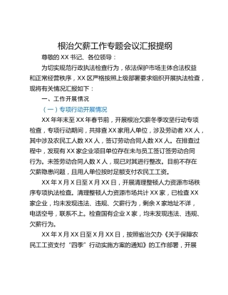 根治欠薪工作专题会议汇报提纲