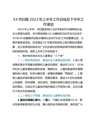 XX市妇联2023年上半年工作总结及下半年工作谋划