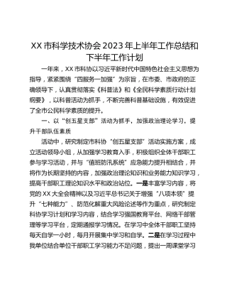 XX市科学技术协会2023年上半年工作总结和下半年工作计划