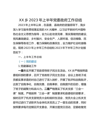 XX乡2023年上半年党委政府工作总结