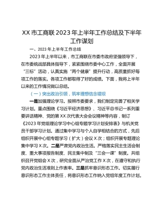 XX市工商联2023年上半年工作总结及下半年工作谋划