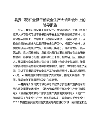 县委书记在全县干部安全生产大培训会议上的辅导报告