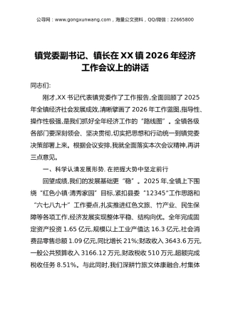 镇党委副书记、镇长在XX镇2026年经济工作会议上的讲话