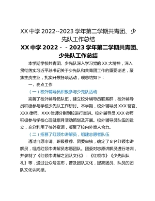 XX中学2022--2023学年第二学期共青团、少先队工作总结