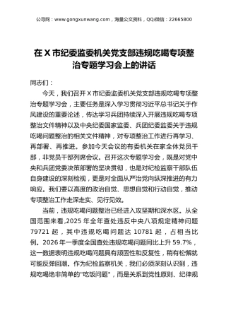 在X市纪委监委机关党支部违规吃喝专项整治专题学习会上的讲话