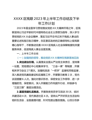 XXXX区残联2023年上半年工作总结及下半年工作计划
