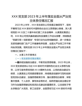XXX党支部2023年上半年落实全面从严治党主体责任情况汇报