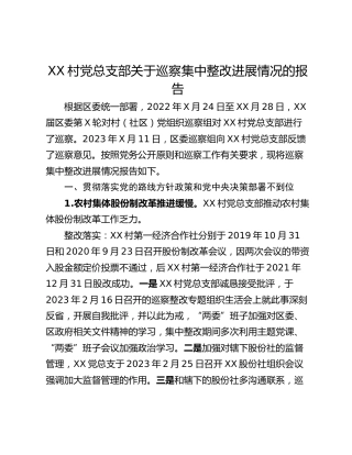 XX村党总支部关于巡察集中整改进展情况的报告
