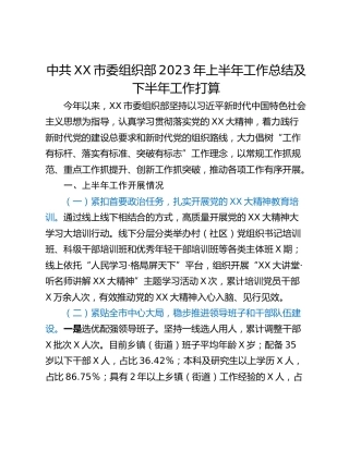 中共XX市委组织部2023年上半年工作总结及下半年工作打算