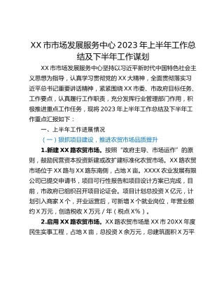XX市市场发展服务中心2023年上半年工作总结及下半年工作谋划
