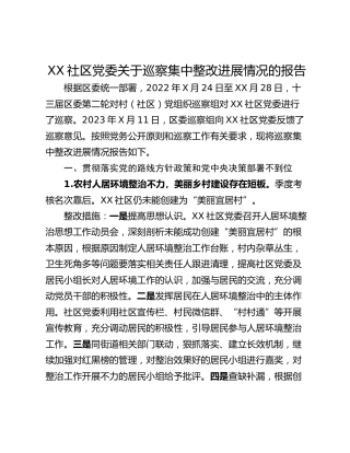 XX社区党委关于巡察集中整改进展情况的报告