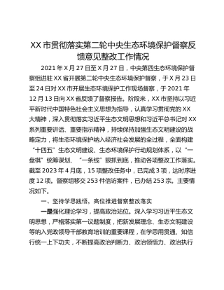XX市贯彻落实第二轮中央生态环境保护督察反馈意见整改工作情况