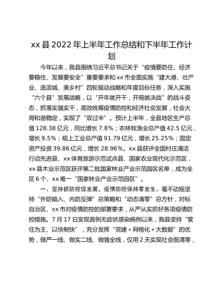 xx县2022年上半年工作总结和下半年工作计划