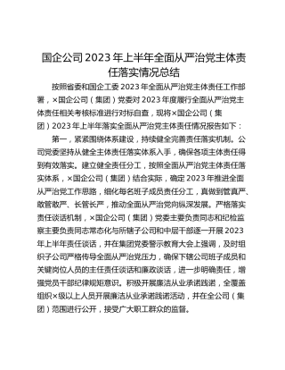 国企公司2023年上半年全面从严治党主体责任落实情况总结