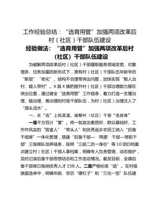 工作经验总结：“选育用管”加强两项改革后村（社区）干部队伍建设
