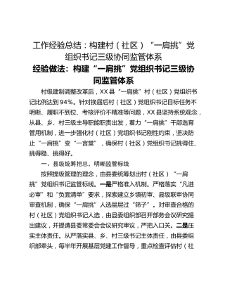 工作经验总结：构建村（社区）“一肩挑”党组织书记三级协同监管体系