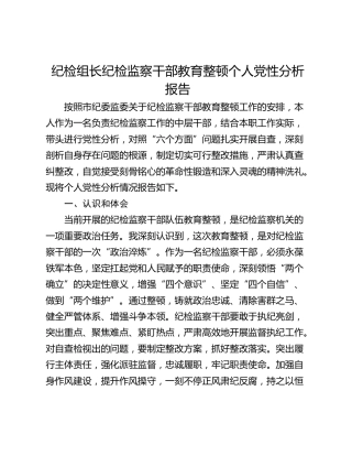 纪检组长纪检监察干部教育整顿个人党性分析报告
