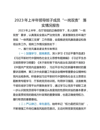 2023年上半年领导班子成员“一岗双责” 落实情况报告