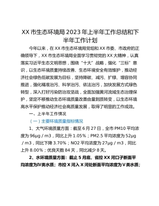 XX市生态环境局2023年上半年工作总结和下半年工作计划