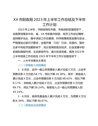 XX市财政局2023年上半年工作总结及下半年工作计划
