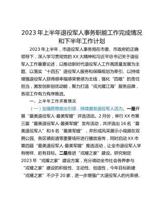 2023年上半年退役军人事务职能工作完成情况和下半年工作计划