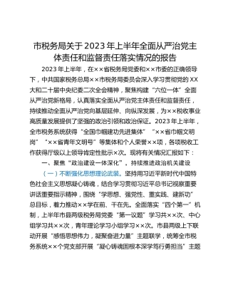 市税务局关于2023年上半年全面从严治党主体责任和监督责任落实情况的报告