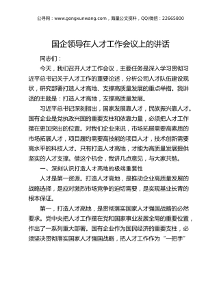 国企公司领导在人才工作会议上的讲话