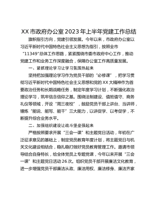 XX市政府办公室2023年上半年党建工作总结